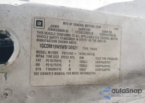 1998 Chevrolet Astro z USA, uszkodzony, nr VIN 1GCDM19W9WB136921